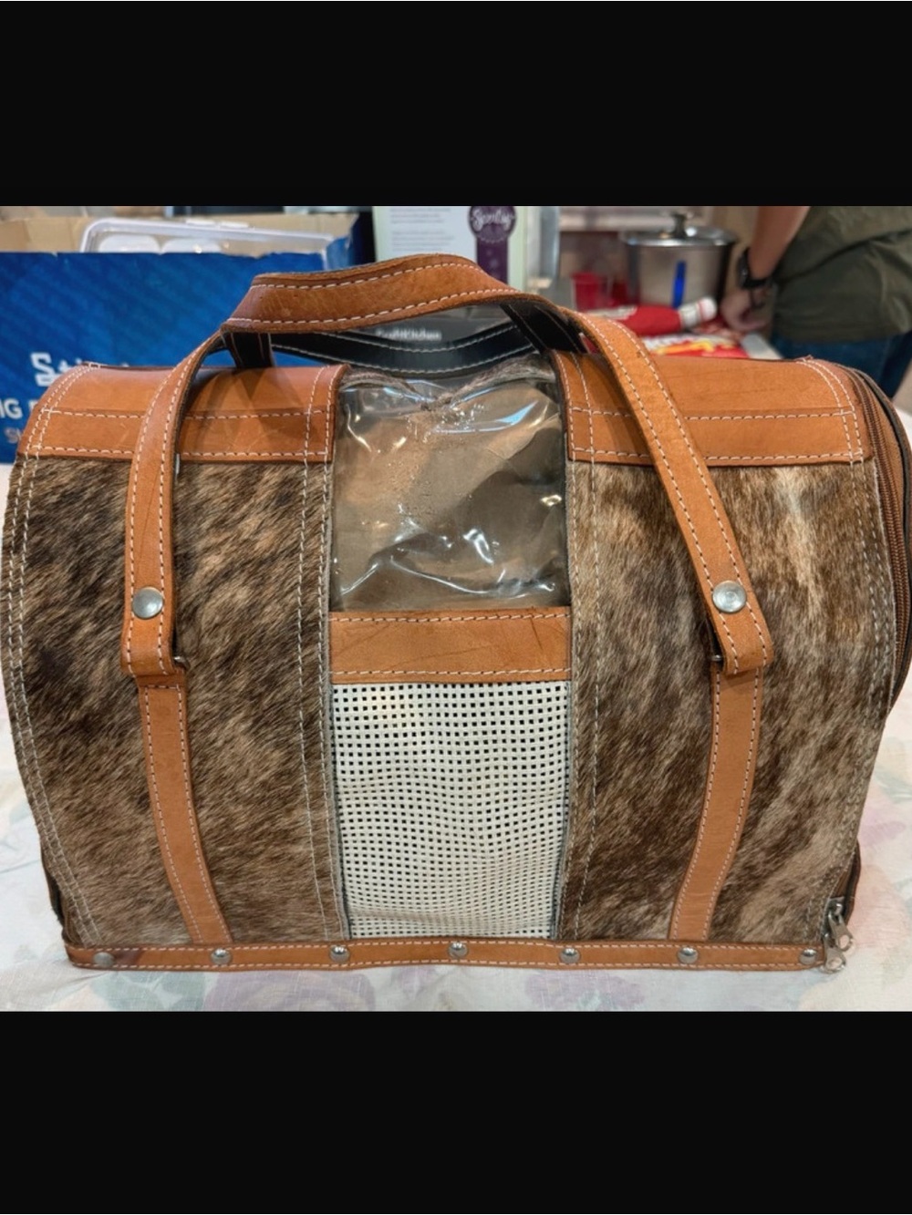 Hair-On Brown and Tan Leather Pet Carrier with Clear Window